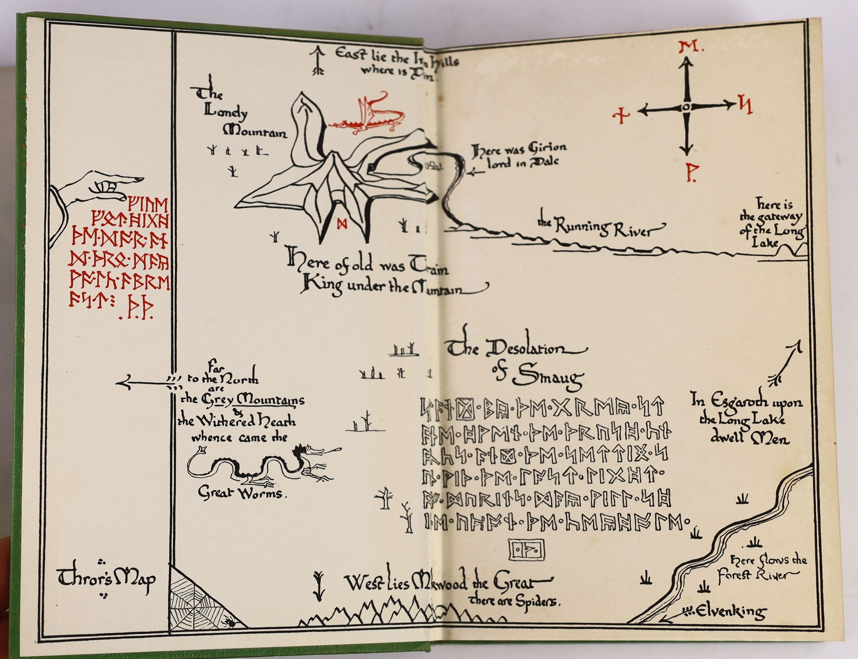 Tolkien, John Ronald Reuel - The Hobbit, 2nd edition, 13th impression, with colour frontispiece, map endpapers, original green cloth in unclipped d/j, with small loss to upper right back panel and spine base, George Alle